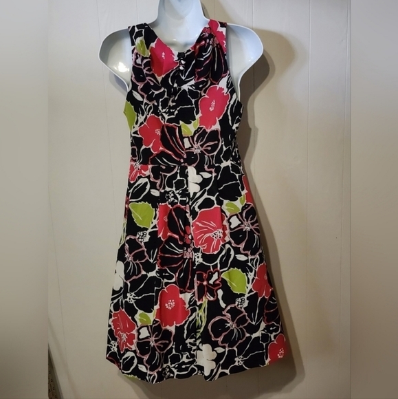 Banana Republic Dress Sleeveless Floral Keyhole Pleated Black Pink Size 4‎ A424 - Picture 2 of 5